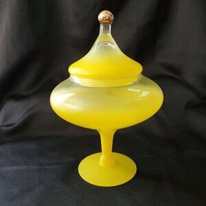 VTG Lemon Yellow Empoli MCM Circus Tent Bonbonniere Apothecary Lidded Jar 8.5"